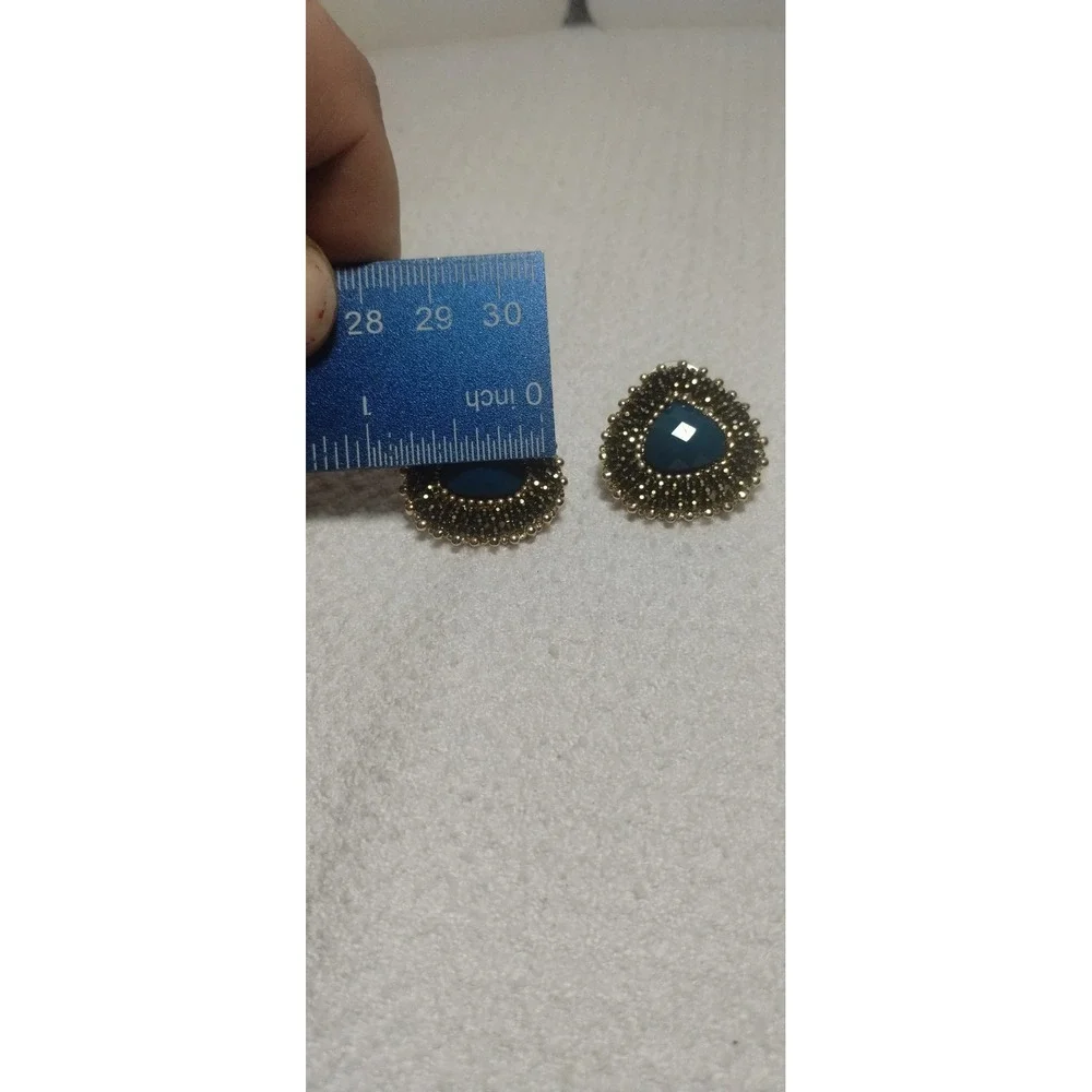 Gold Tone Teal Blue Beaded‎ Teardrop Stud Statement Earrings Boho Jewel Tone